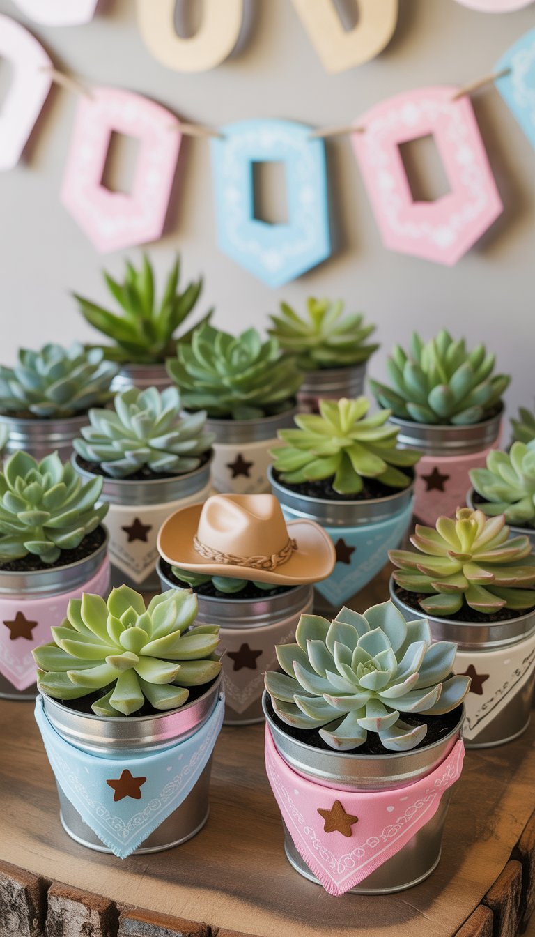 Small succulent plants in tin buckets decorated with cowgirl-themed baby shower accents on a wooden surface.